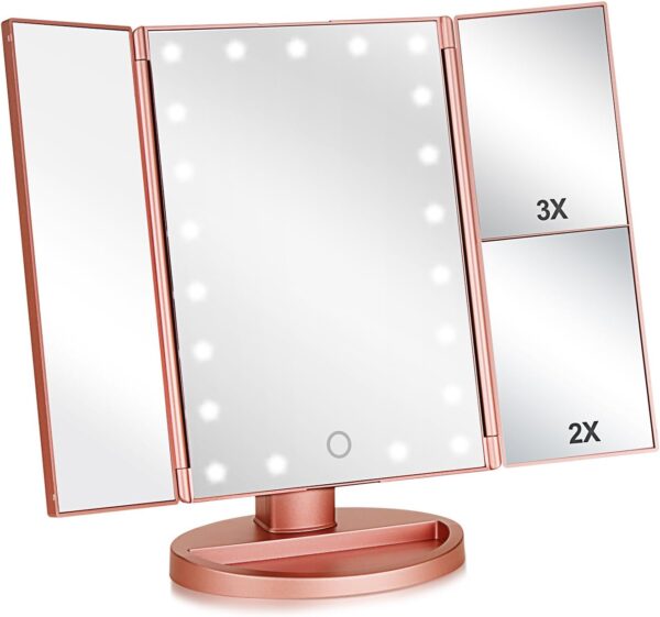 Tri-fold Lighted Vanity Makeup Mirror with 3x/2x Magnification,21 LEDs Light and Touch Screen,180 Degree Free Rotation Countertop Cosmetic Mirror,Travel (Rose Gold)