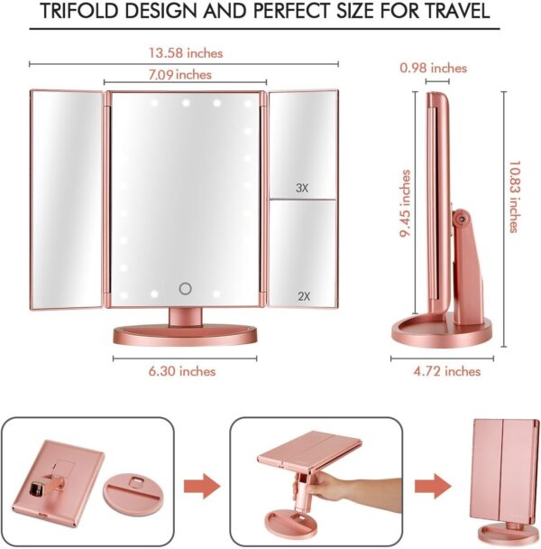 Tri-fold Lighted Vanity Makeup Mirror with 3x/2x Magnification,21 LEDs Light and Touch Screen,180 Degree Free Rotation Countertop Cosmetic Mirror,Travel (Rose Gold) - Image 3