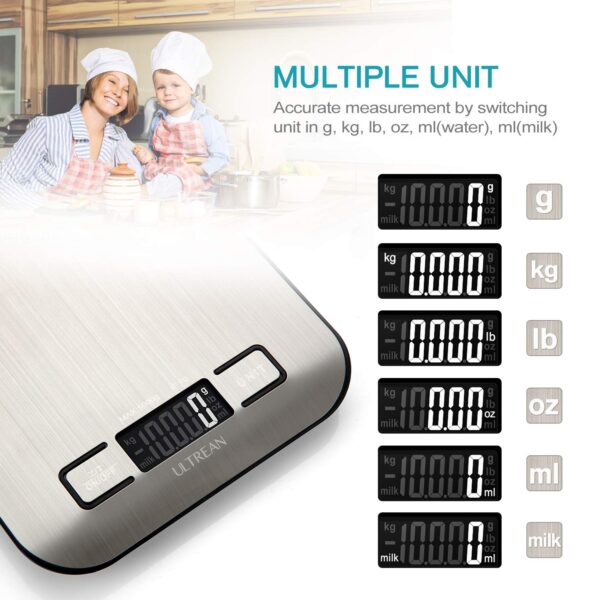 Ultrean Food Scale, Digital Kitchen Scale Weight Grams and Ounces for Baking Cooking and Meal Prep, 6 Units with Tare Function, 11lb (Batteries Included) - Image 2
