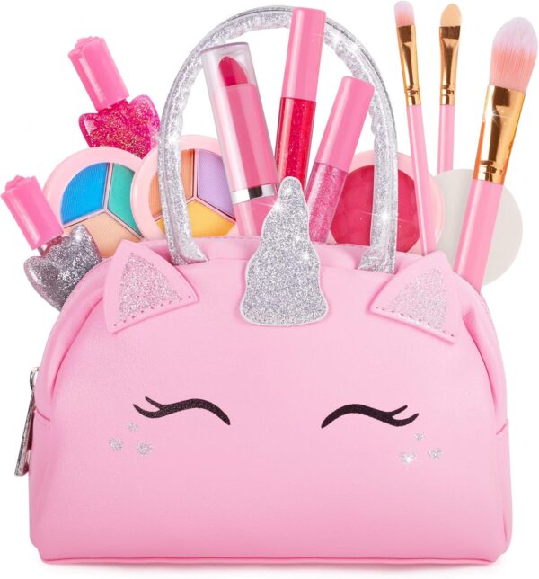 Kids Real Makeup Kit for Girls with Pink Unicorn Purse - Non-Toxic Washable Make Up Toy - Valentines Day Gift for Kids Toddlers Young Children Ages 3 4 5 6 7 8 9 10 Years Old - Pretend Play Vanity Set