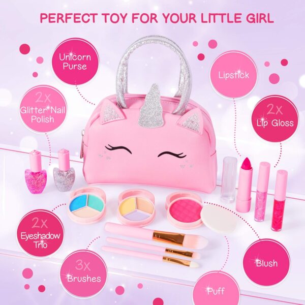 Kids Real Makeup Kit for Girls with Pink Unicorn Purse - Non-Toxic Washable Make Up Toy - Valentines Day Gift for Kids Toddlers Young Children Ages 3 4 5 6 7 8 9 10 Years Old - Pretend Play Vanity Set - Image 2