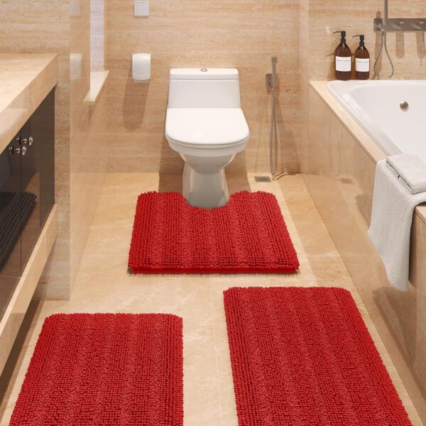 ACCUMTEK Striped Ultra Soft Chenille Bath Rugs and Mats Set, 3 Pieces, Thick Non Slip Burgundy Bathroom Rug Set
