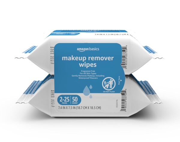Basics Make Up Remover Wipes, Fragrance Free, 25 Count, Pack of 2 (Previously Solimo)