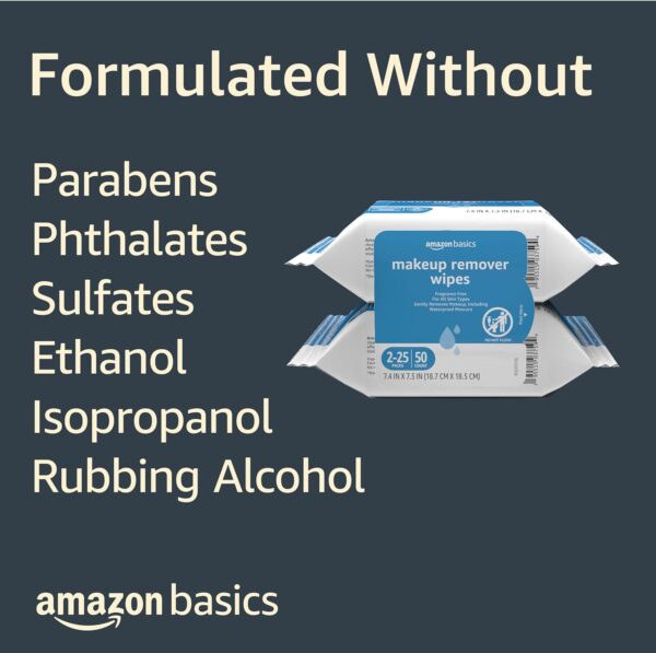 Basics Make Up Remover Wipes, Fragrance Free, 25 Count, Pack of 2 (Previously Solimo) - Image 3