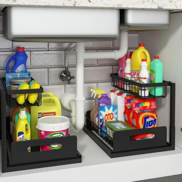 REALINN Under Sink Organizer, Pull Out Cabinet Organizer Slide Out Sink Shelf Cabinet Storage Shelves, Storages for Kitchen Bathroom, Black, 2 Pack