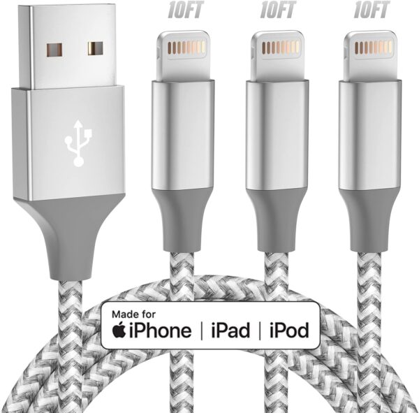 iPhone Charger 3pack 10FT Apple MFi Certified Long Lightning Cable Fast Charging High Speed Data Sync USB Cable Compatible iPhone 14 13/12/11 Pro Max/XS MAX/XR/XS/X/8/7/Plus/6S (Grey White)