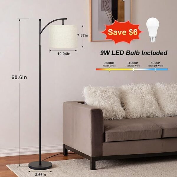 Ambimall 60″ Floor Lamps for Living Room with 3 Color Temperatures, Standing Lamp Tall with Adjustable Linen Shade, Tall Lamps for Living Room Bedroom Office Classroom Dorm Room(9W Bulb Included) - Image 2
