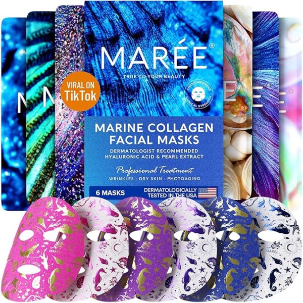 MAREE Collagen Facial Mask with Hyaluronic Acid – Sheet Face Masks Skincare with Green & Red Algae Extract – Hydrating Mascarillas Faciales For Women Skin Care – 6 Pack