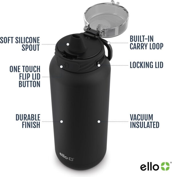 Ello Cooper 22oz Stainless Steel Water Bottle with Straw and Carry Handle, Double Walled and Vacuum Insulated Metal, Leak Proof Locking Lid with Soft Silicone Spout, Reusable, BPA Free, Black - Image 2