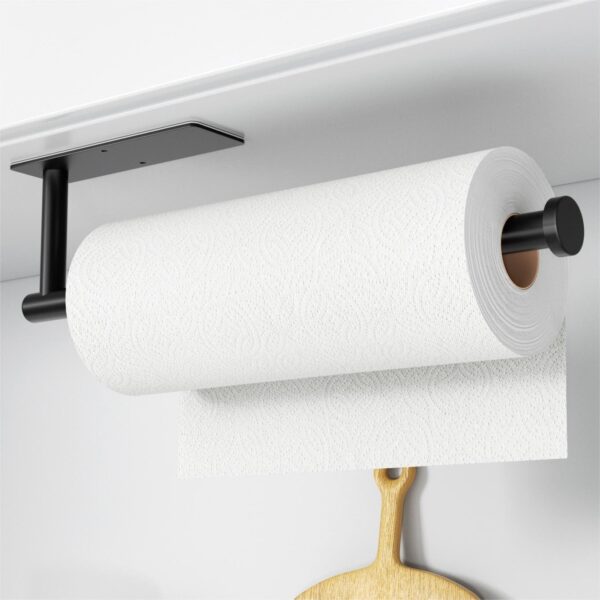 Paper Towel Holder - Self-Adhesive or Drilling, Matte Black Wall Mounted Rack - SUS304 Stainless Steel Kitchen Roll Dispenser Under Cabinet