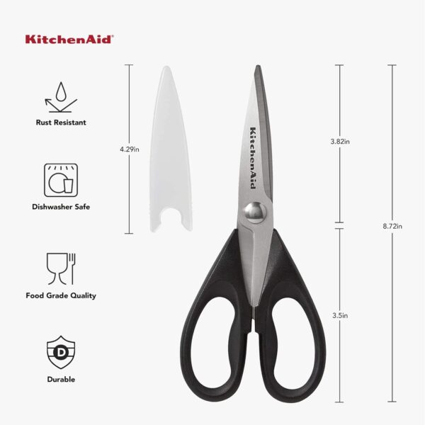 KitchenAid All Purpose Kitchen Shears with Protective Sheath Durable Stainless Steel Scissors, Dishwasher Safe, Soft Grip Comfort Handle, 8.72 Inch, Black - Image 7