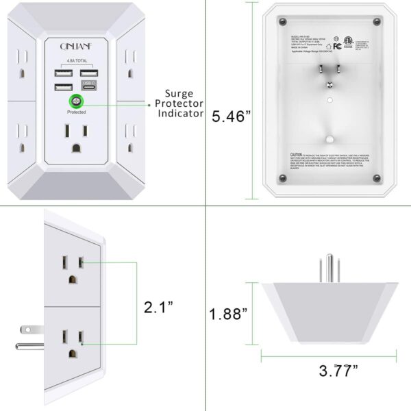 Wall Charger, Surge Protector, QINLIANF 5 Outlet Extender with 4 USB Charging Ports (4.8A Total) 3-Sided 1680J Power Strip Multi Plug Adapter Spaced for Home Travel Office (3U1C) - Image 7