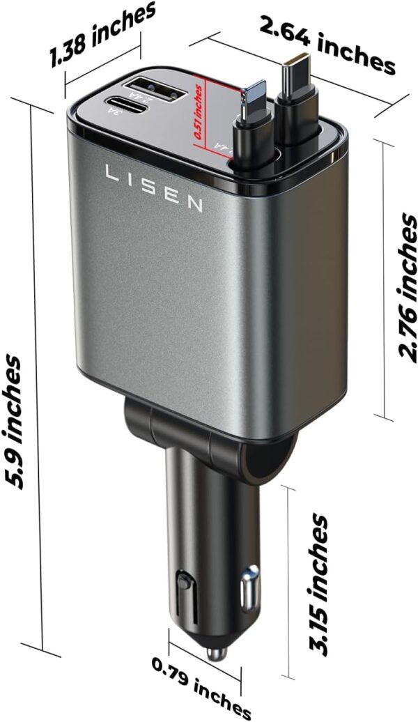 LISEN Retractable Car Charger [69W USB C Car Adapter] for iPhone 16 Car Charger Fast Charging, Valentines Day Gifts for him her Women Men, Car Accessories USBC Car Charger for iPhone 16 15 14 13, Gray - Image 6