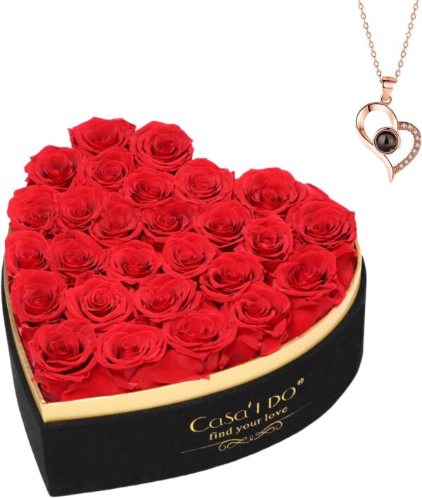 Forever Real Roses 27 Pcs, Preserved Flowers in Heart Shape Box with Necklace