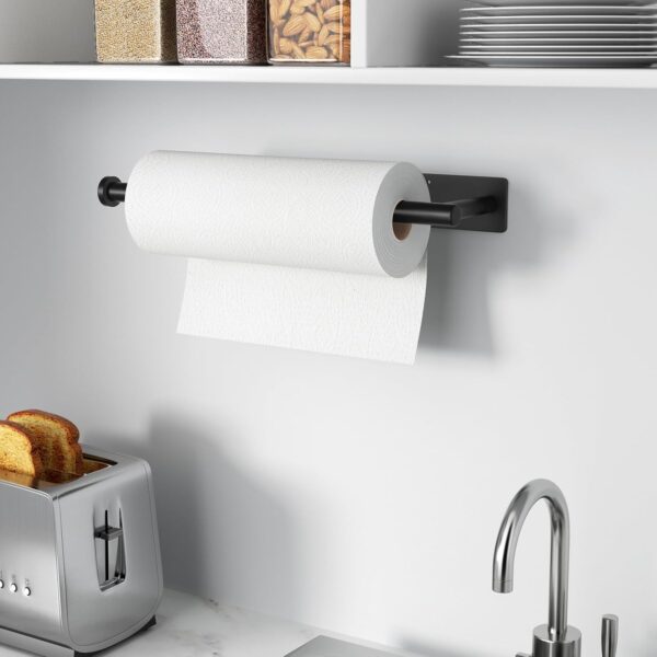 Paper Towel Holder - Self-Adhesive or Drilling, Matte Black Wall Mounted Rack - SUS304 Stainless Steel Kitchen Roll Dispenser Under Cabinet - Image 7