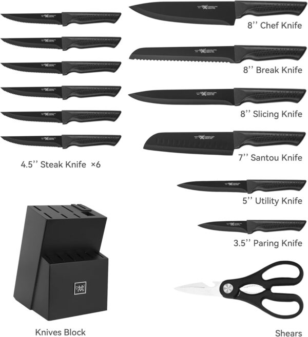 Knife Set, 15 Pcs Kitchen Knife Set with Block Self Sharpening, Dishwasher Safe, 6 Steak Knives, Anti-slip handle, Black - Image 2