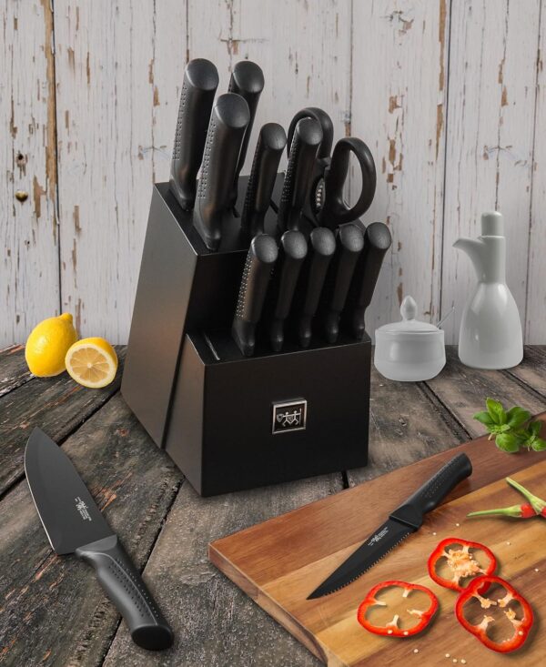 Knife Set, 15 Pcs Kitchen Knife Set with Block Self Sharpening, Dishwasher Safe, 6 Steak Knives, Anti-slip handle, Black - Image 6