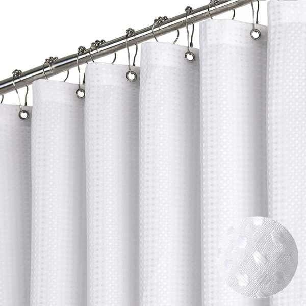 Dynamene White Fabric Shower Curtain， Waffle Weave Heavy Duty Hotel Luxury Cloth Shower Curtains for Bathroom,