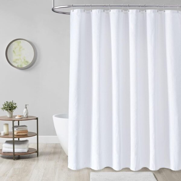 Dynamene White Fabric Shower Curtain， Waffle Weave Heavy Duty Hotel Luxury Cloth Shower Curtains for Bathroom, - Image 3