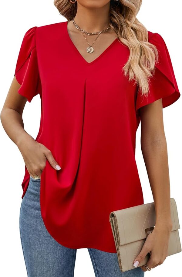 Funlingo Women's Summer Tops Short Sleeve Dressy Chiffon Blouses V Neck Work Tunic Tops Casual Loose T-Shirts