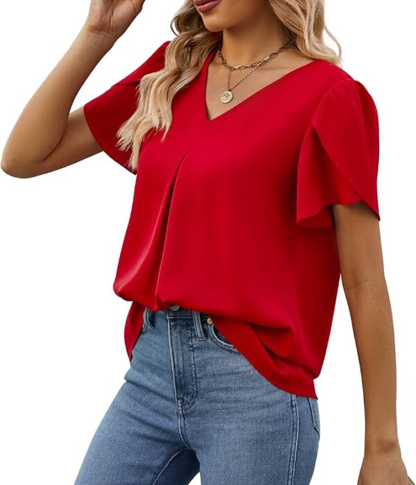 Funlingo Women's Summer Tops Short Sleeve Dressy Chiffon Blouses V Neck Work Tunic Tops Casual Loose T-Shirts - Image 2