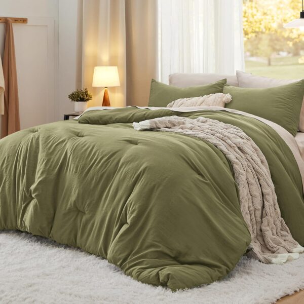 Bedsure Queen Size Comforter Set, Olive Green Soft Prewashed Bedding for All Seasons