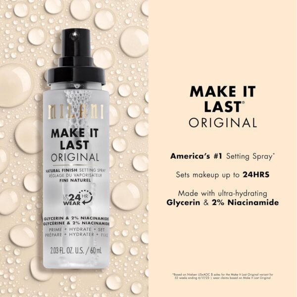 Milani Setting Spray + Primer, Make It Last Original - Natural Finish with Niacinamide for Hydration, Setting Spray for Makeup and Face Primer, 3-in-1 Prime + Hydrate + Set, 2.03 Fl. Oz - Image 4