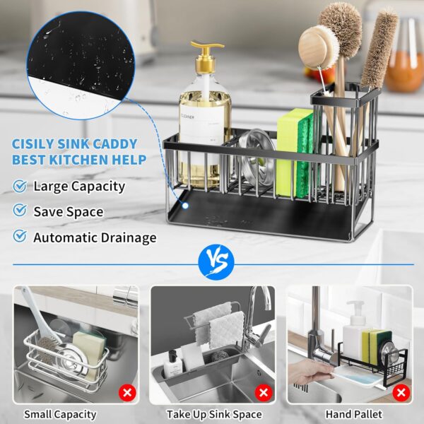 Cisily Kitchen Sink Caddy Organzier with High Brush Holder, Sponge Holder for Sink, 304 Rustproof Stainless, Kitchen Countertop Soap Dispenser Organizer, Kitchen Decor and Accessories - Image 2